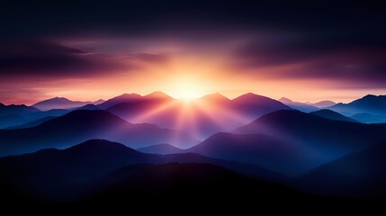 Dramatic mountain landscape at sunrise with vibrant purple and orange sky, sunburst peeking through peaks, creating layered silhouettes in misty morning atmosphere.