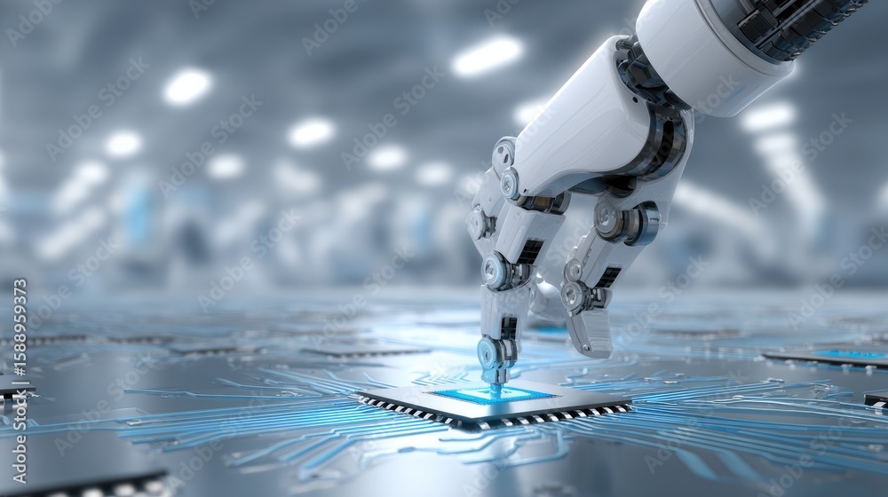 Poster robotic arm assembling microchips in clean lab environment, representing automated tech innovation