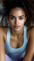 Fototapeta premium Young mixed race woman with natural curly hair wearing light blue athletic tank top looking directly at camera with confident expression and natural makeup.