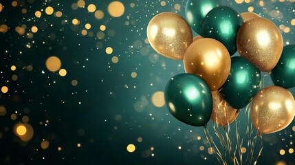 Elegant gold andElegant gold and green birthday balloons with glowing lights and festive b green birthday balloons with glowing lights and festive bokeh background for celebration or party decoration

