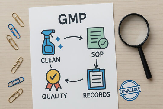 Good manufacturing practice concept with cleaning spray, standard operating procedure, quality badge, and records checklist on paper with magnifying glass and compliance stamp