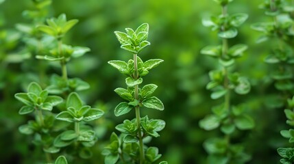 Obraz premium Fresh green oregano plant growing in garden, macro view of aromatic culinary herb leaves and stems against natural blurred background.
