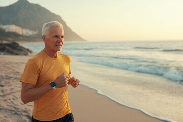 Senior man wearing a smartwatch running on the beach at sunrise, promoting a healthy and active lifestyle