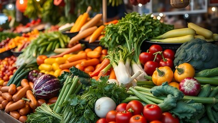 Vibrant fresh vegetables neatly arranged at a market stall, highlighting natural colors and textures.