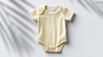 Baby onesie displayed on neutral background with soft shadows and light