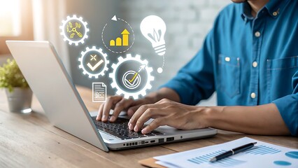 A person is using a laptop with icons illustrating automation and efficiency, highlighting the role of technology in streamlining business processes and achieving success