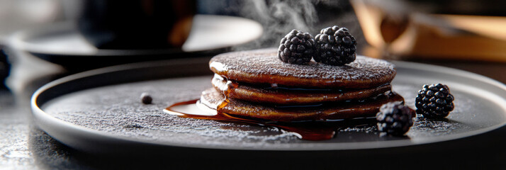 Fluffy pancakes adorned with fresh blackberries and syrup create a perfect centerpiece for a relaxing breakfast. Enjoy the warmth and comfort of a home-cooked meal on a leisurely morning