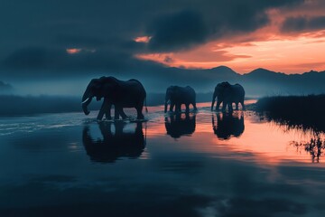 Elephants walking gracefully through a river at sunset, creating a stunning and cinematic atmosphere filled with vibrant colors