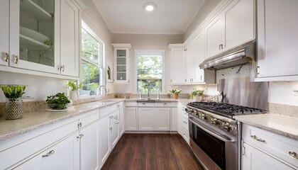 small all white kitchen with shaker style cabinets and clear countertops