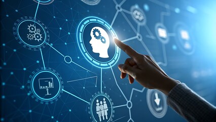 A finger touches an ai interface, representing artificial intelligence, machine learning, and innovative technology in a connected digital network