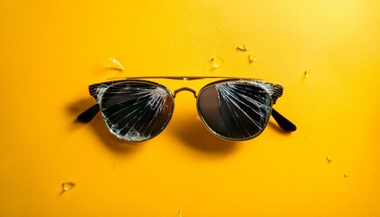 shattered sunglasses on plain yellow background broken lenses minimalist accessory decay