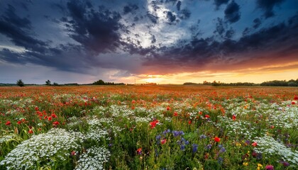 Fototapeta premium dramatic sky above a flowery meadow
