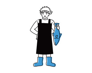大きな魚一尾を掲げる男らしい魚屋さんのイラスト