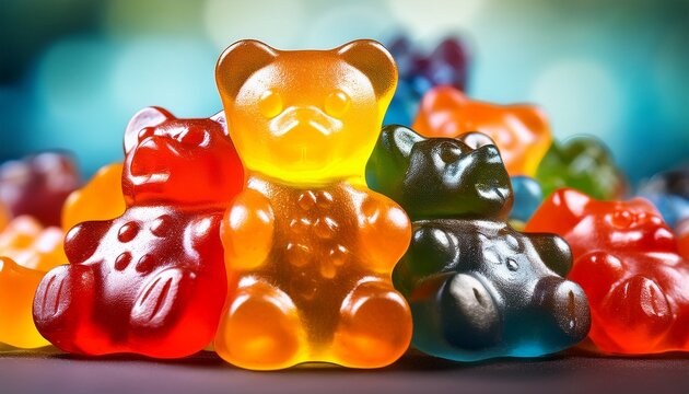 styled bulk vintage candy extreme close up macro photo of sour coated gummy bears rainbow gummy bears in a pile