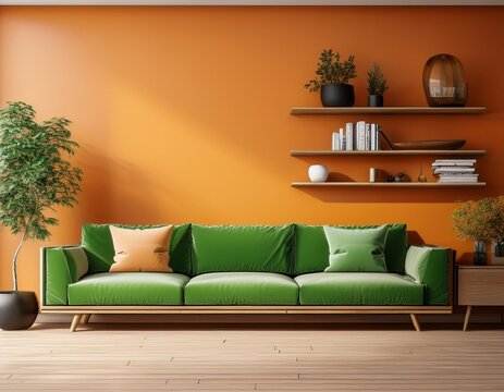 empty wall and tv shelf mockup modern mid century living room interior green sofa on orange wall mock up 3d render