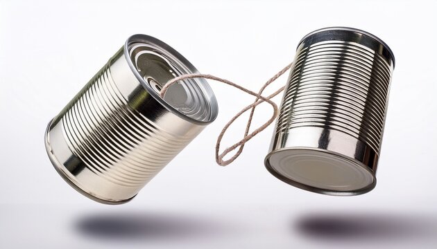two metal tin cans with strings attached floating on white background business communication concept