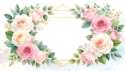 Watercolor Roses and Gold Geometric Frame Border