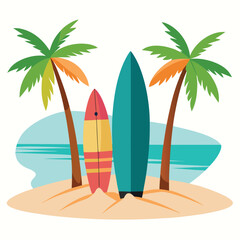 flat vector surfboards leaning against palm tree shadows,