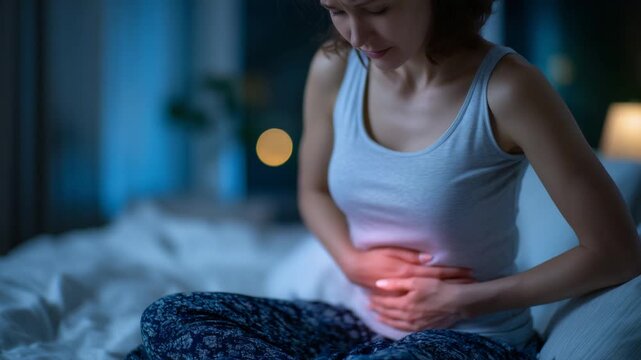 A woman clutches her glowing abdomen on a bed, highlighting the contrast between internal warmth and external coolness.