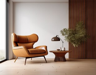 modern mid century and minimalist interior of living room leather armchair with table on white wall and wood floor 3d render