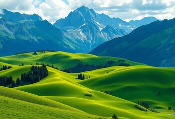 Rolling green hills and meadows nestled against majestic mountains, vibrant vector illustration,  environment,  illustration