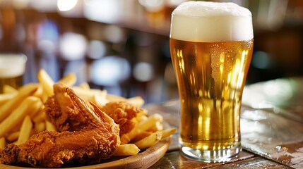 Golden Beer with Frothy White Head: Paired with Crispy Fried Chicken & Golden Fries ，Enjoy relaxing personal time