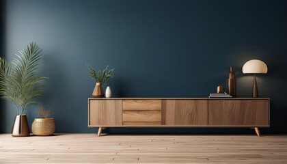 Obraz premium dark blue wall mockup modern interior empty room with cozy home have wood cabinet and wood floor parquet 3d render