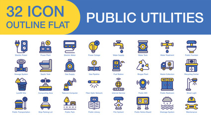 public utilities set of web icons in outline flat style. Containing electric power, power plant, electric meter, power outage, water supply, water tank, water treatment, and more. High Quality