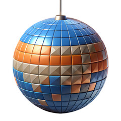 Fototapeta premium A colorful disco ball with blue, orange and gray squares hangs, ready to light up the party isolated on transparent background