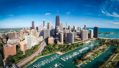 Obraz premium aerial view of downtown chicago from lincoln park skyline view with skyscrapers and buildings and belmont harbor