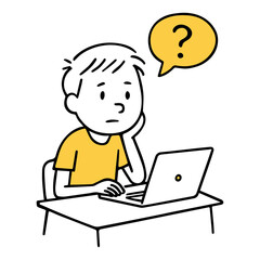 Man Sitting at Desk with Laptop and Question Mark Speech Bubble. Thoughtful Expression, Young Freelancer, Work from Home, Office Setup, Digital Nomad, Remote Worker Doodle Style Vector Illustration