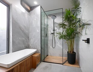 modern spa shower lifestyle image white and gray marble tile shower with glass door and matte black hardware bamboo shower bench and plants