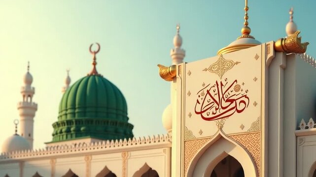 Green Dome and Arabic Calligraphy &ndash; Mawlid al-Nabi Honor and Tradition