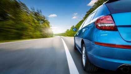 rear view of blue business car on high speed in turn blue car rushing along a high speed highway