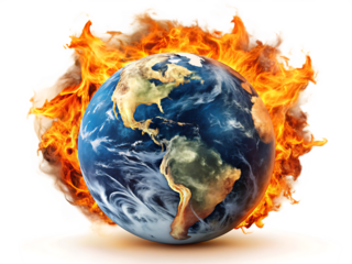 3 D planet Earth engulfed in intense orange and yellow flames with smoke isolated on a transparent background