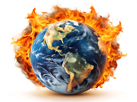 3 D planet Earth engulfed in intense orange and yellow flames with smoke isolated on a transparent background