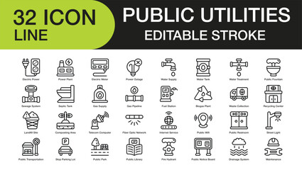public utilities set of web icons in line style. Containing electric power, power plant, electric meter, power outage, water supply, water tank, water treatment, and more. Editable stroke
