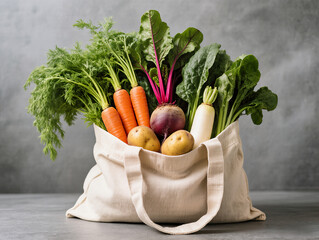 Fabric shopping bag full of fresh vegetables including carrots, beets and potatoes. Eco-friendly reusable canvas shopping bag on gray background.