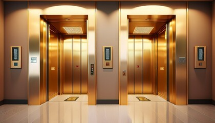 golden lift doors office hallway with closed half closed and open elevator cabins realistic empty interior with passenger or cargo lifts with button panel and floor indicator on wall