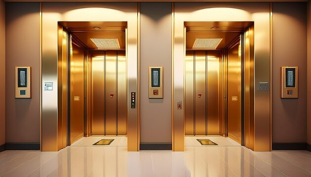 golden lift doors office hallway with closed half closed and open elevator cabins realistic empty interior with passenger or cargo lifts with button panel and floor indicator on wall