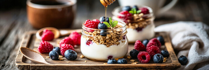 Three jars filled with creamy yogurt, crunchy granola, and vibrant blueberries and raspberries are artistically displayed on a wooden platter, banner