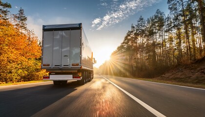 rear view of a large truck driving on a forest road at sunrise with sun rays