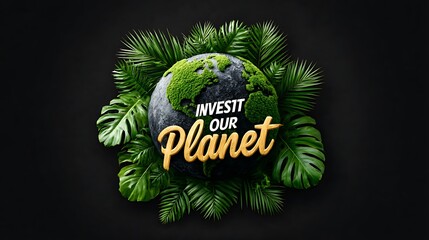 Elegant eco-design combining sketched map of the world and lush green leaves, themed around "Invest in Our Planet" campaign. 