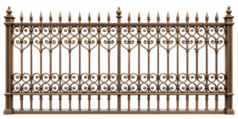Ornate bronze wrought iron fence with decorative scrollwork and finials isolated on a transparent background 1