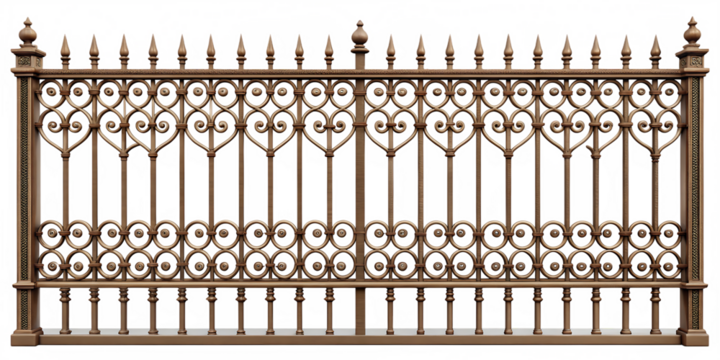 Ornate bronze wrought iron fence with decorative scrollwork and finials isolated on a transparent background 1