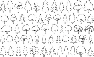 Obraz premium Various tree shapes and styles in a simple outline drawing trees nature