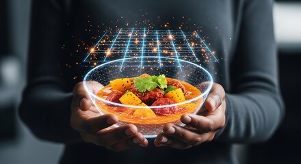 Futuristic food technology displaying a bowl of delicious curry with digital overlay