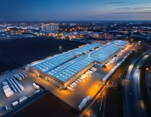 night aerial view of a warehouse of goods for online stores logistic center in the industrial area of the city from above