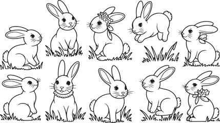 Fototapeta premium Adorable rabbits in various poses on grassy ground bunnies animals