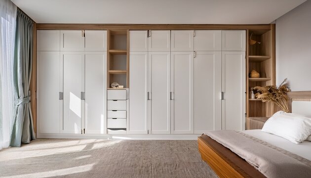 white bedroom wooden wardrobe with glossy sliding doors in minimalist style interior design